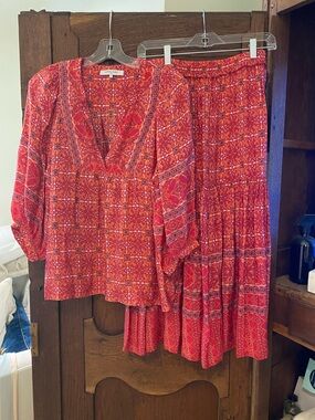 Gerard Darel Red Printed Two-Piece Top and Skirt Set